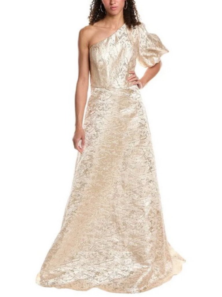 Rene Ruiz Champagne Gold One Shoulder Puff Sleeve Brocade Gown